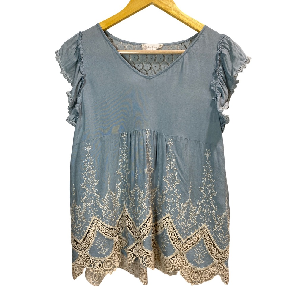 Altar'd State Blue Fairy Boho‎ Embroidered Crochet Lace Blouse Small cottage